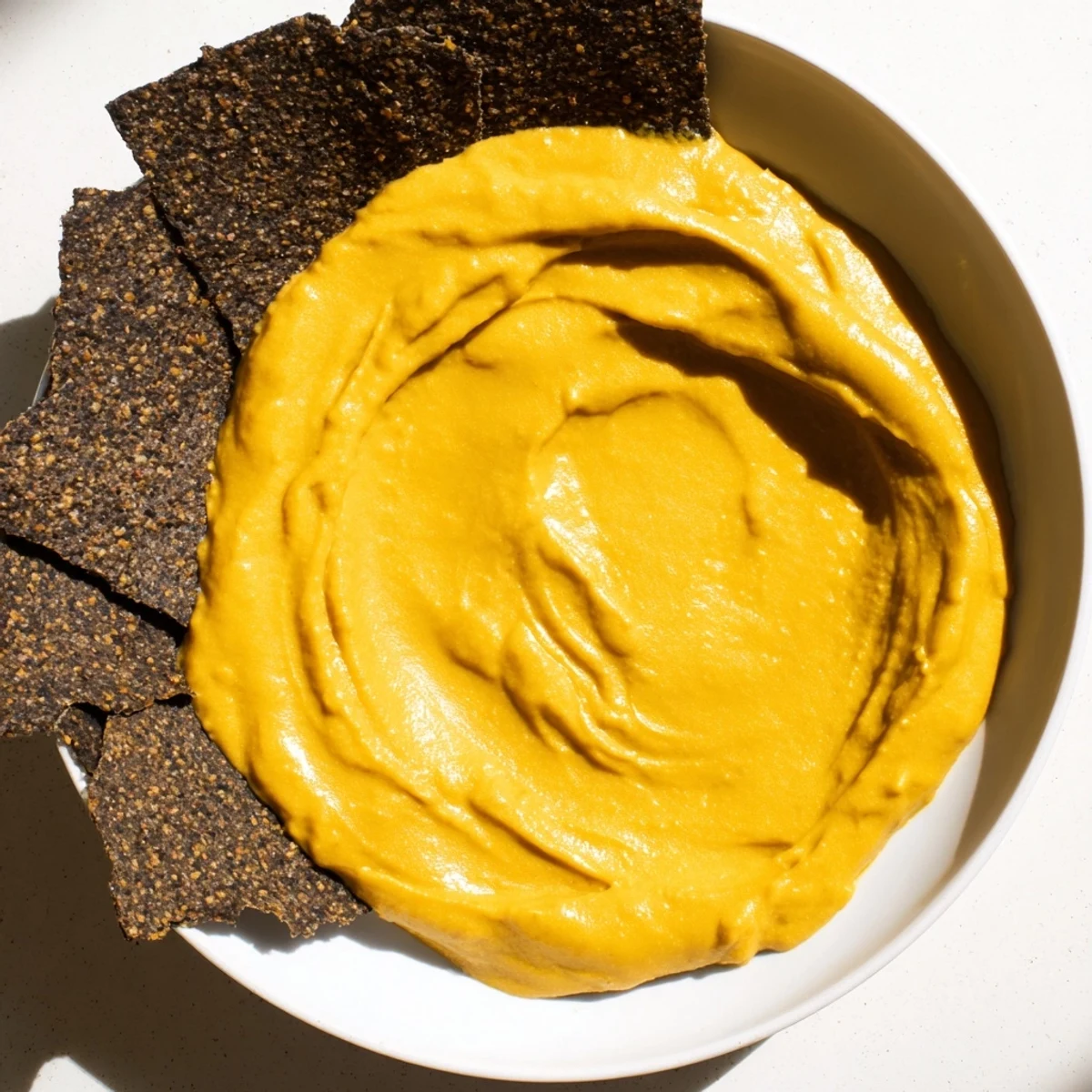 Midnight Sun appetizer: Charcoal crackers encircle creamy carrot and turmeric dip, a stunning, unique dish for any gathering.