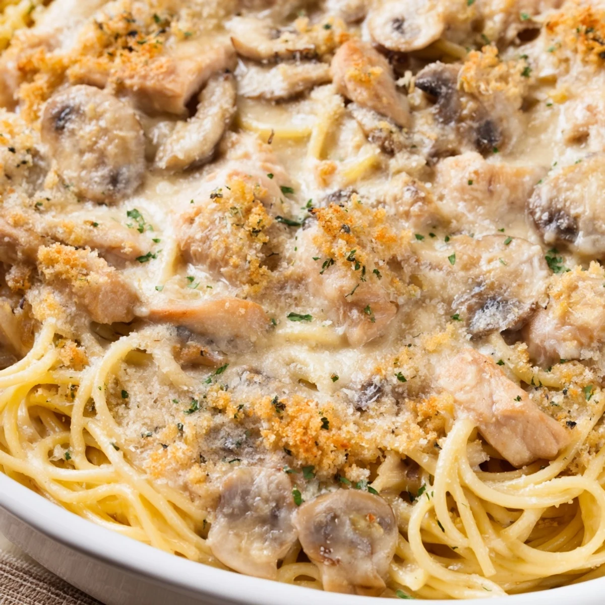Golden, bubbly Turkey Tetrazzini casserole with a creamy sauce and tender shredded turkey, ready to serve.