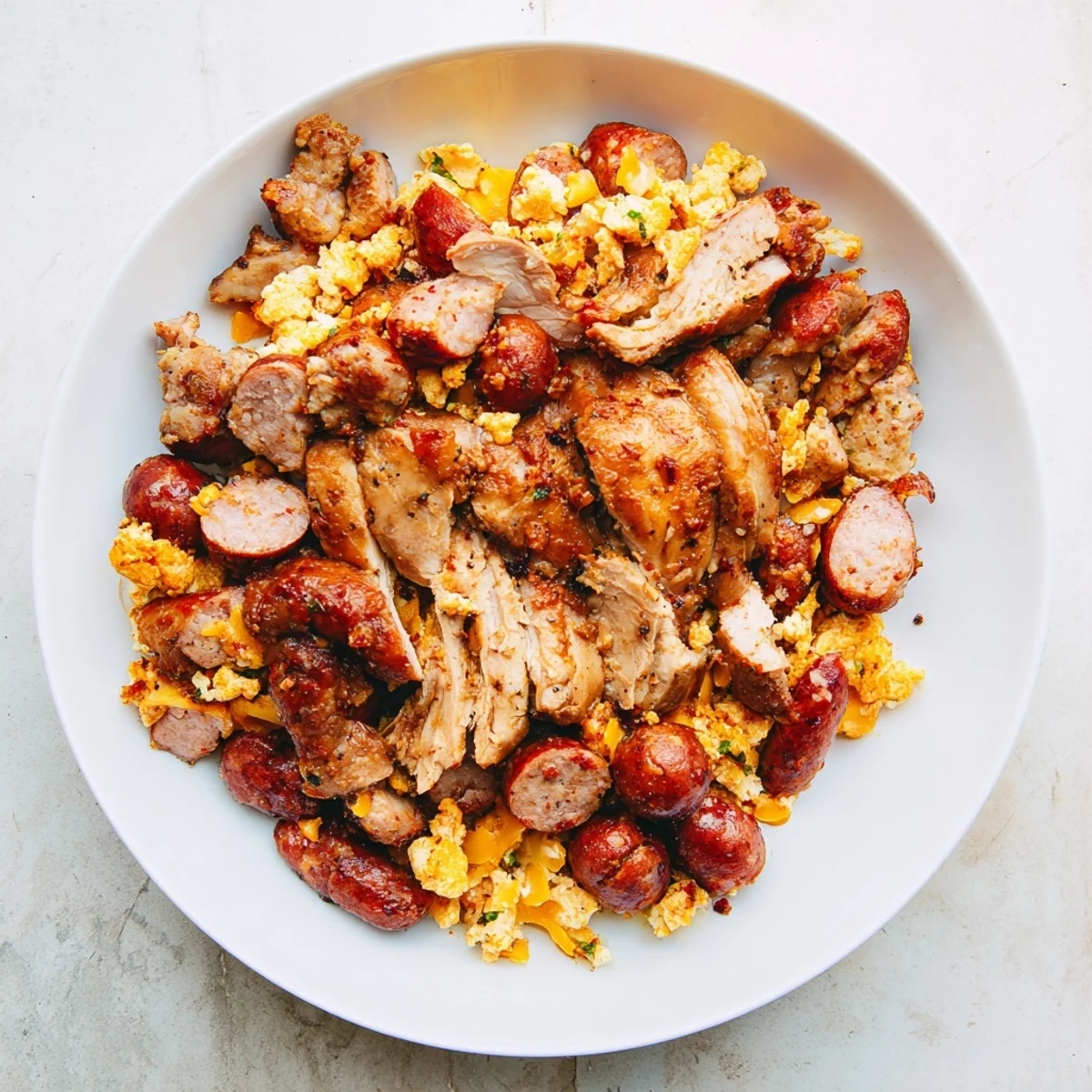 A close-up of cheesy Chicken and Sausage Bisquick Balls, ready to be served warm with dipping sauces.