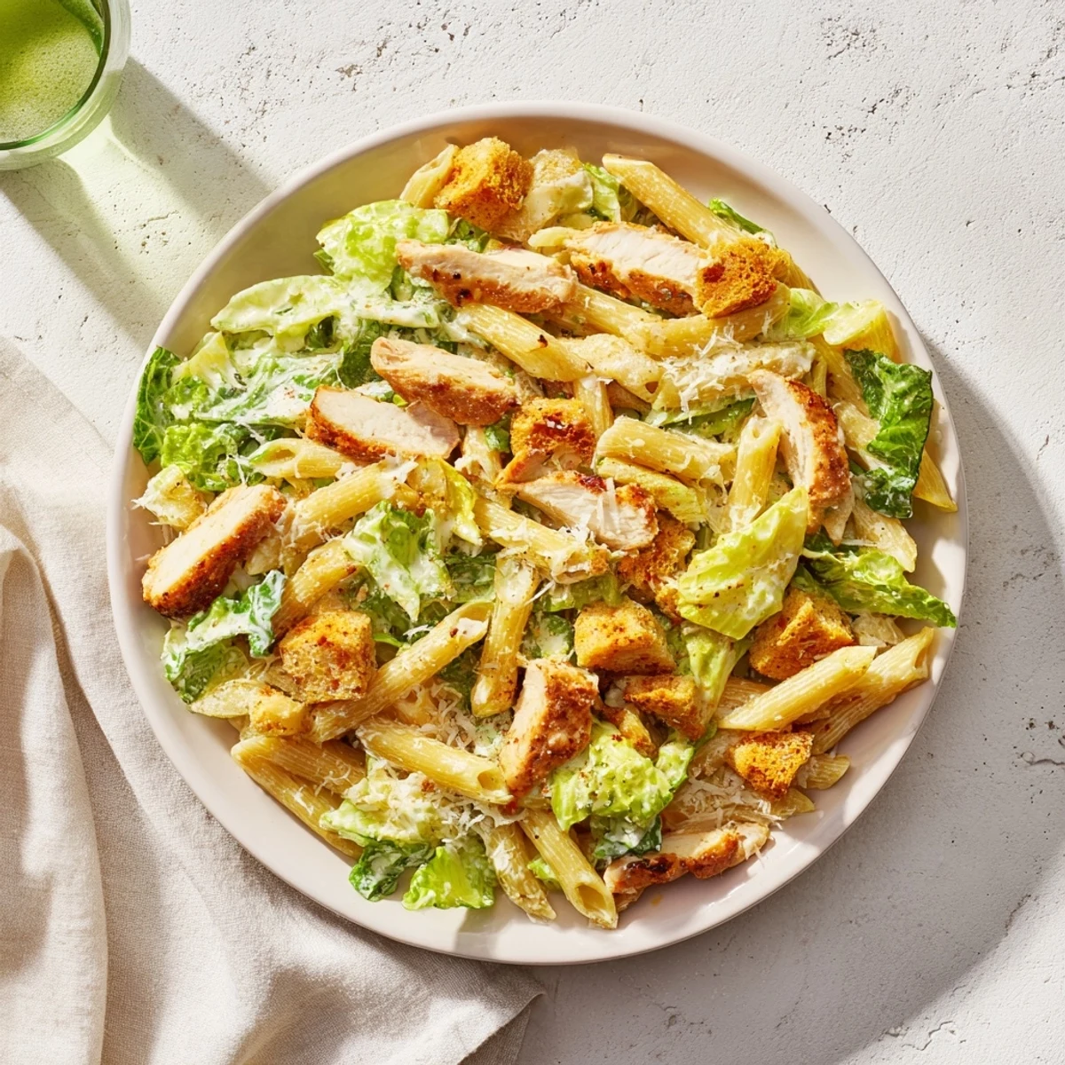 Creamy Chicken Caesar Pasta with pomegranate, a delightful mix of textures and flavors in every bite.