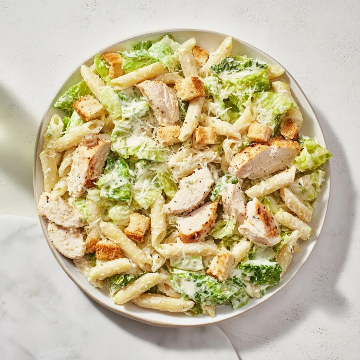This colorful Chicken Caesar Pasta features juicy chicken, pasta, and vibrant pomegranate seeds with a great dressing.