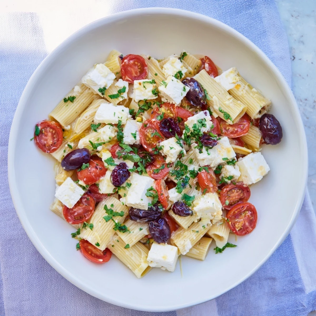 Creamy Baked Feta Pasta with cranberries, bursting tomatoes, and fresh basil, ready to serve.