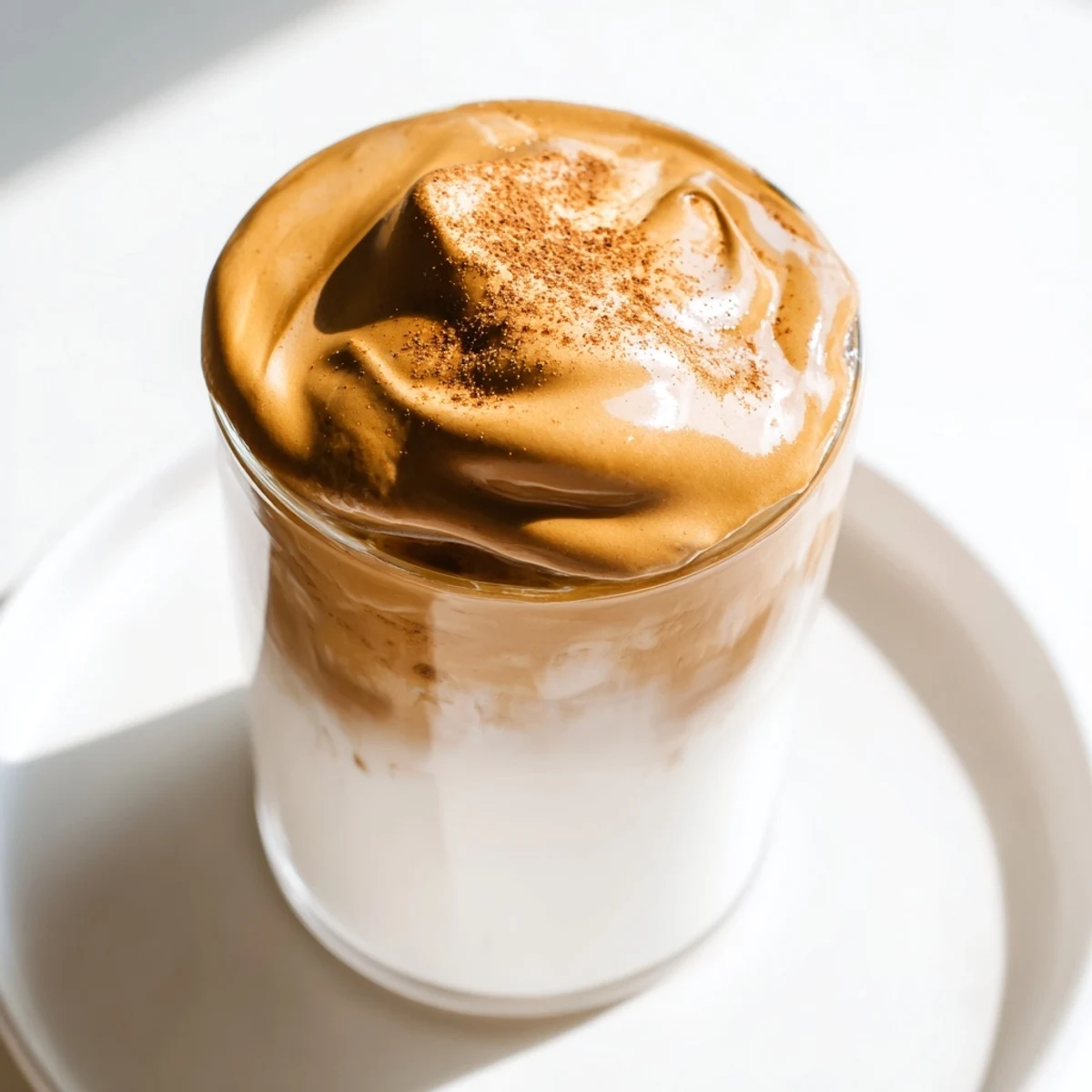 Fluffy, caramel-colored brown sugar Dalgona latte, served cold with ice and creamy milk.