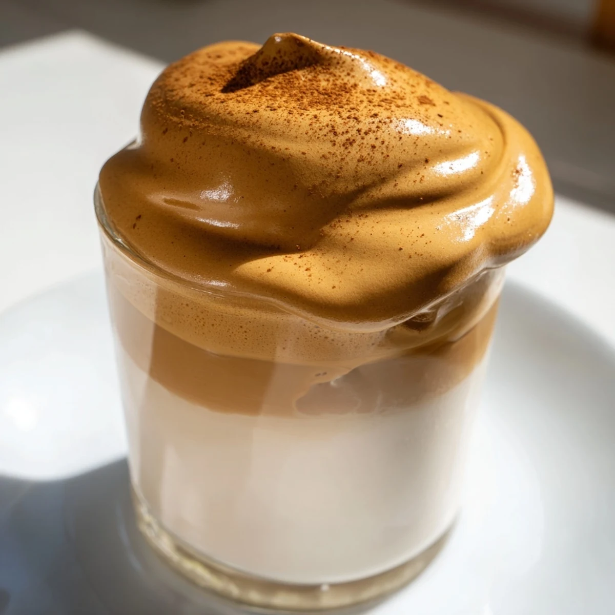 Enjoy this homemade brown sugar Dalgona latte, a beautiful layered coffee treat with soft peaks.