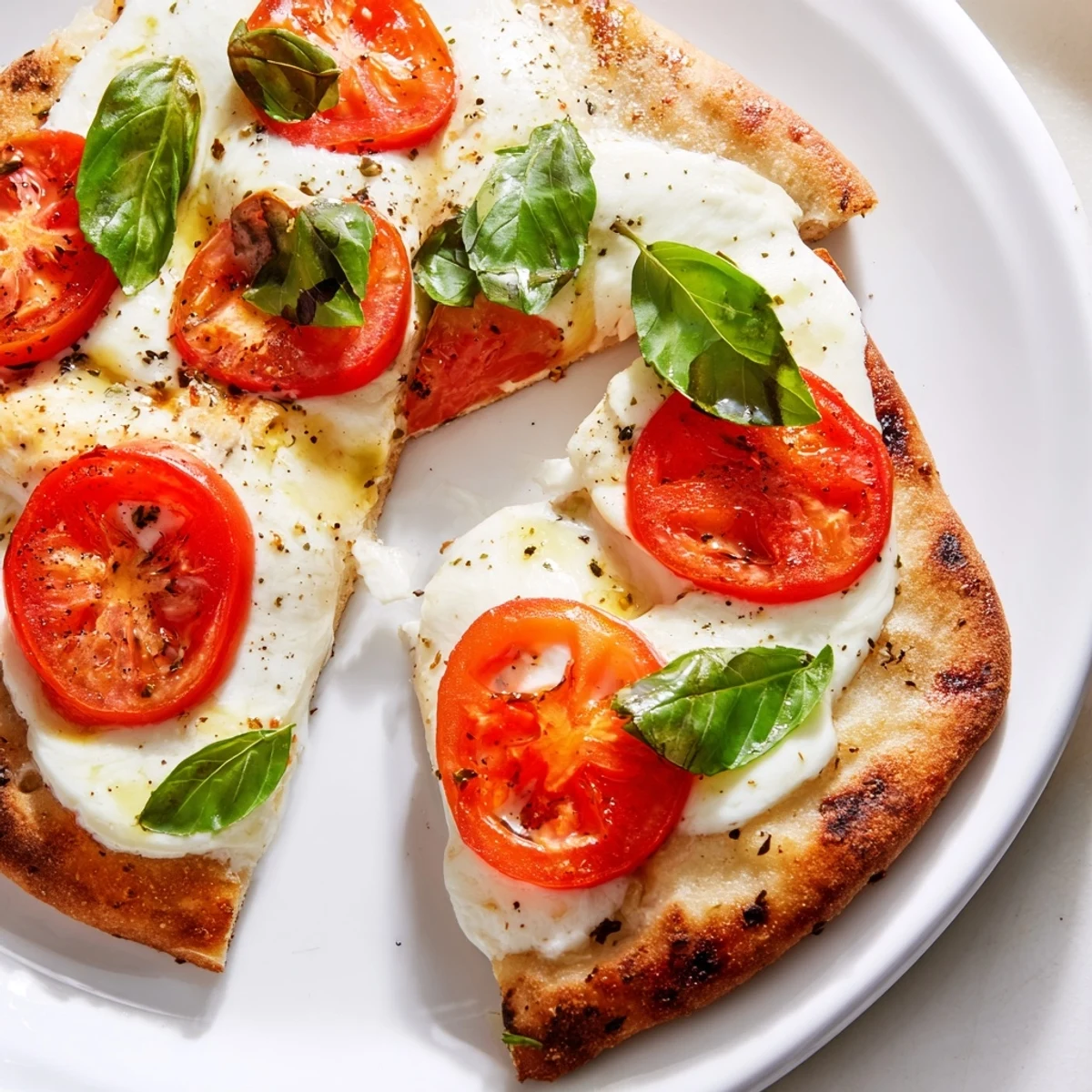 Quick Margherita Naan Pizza, bubbly mozzarella cheese and vibrant tomatoes atop crispy naan.