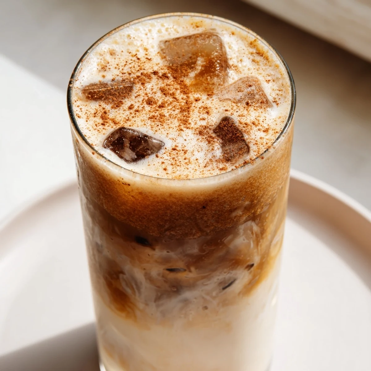 Iced Brown Sugar Oat Latte with a creamy, frothy finish, perfect coffee treat on a hot day.
