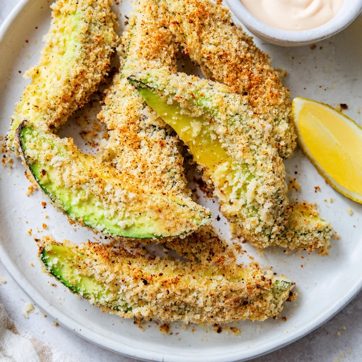 Golden brown, crunchy Crispy Baked Avocado Fries, ready to serve with aioli and lemon wedges.