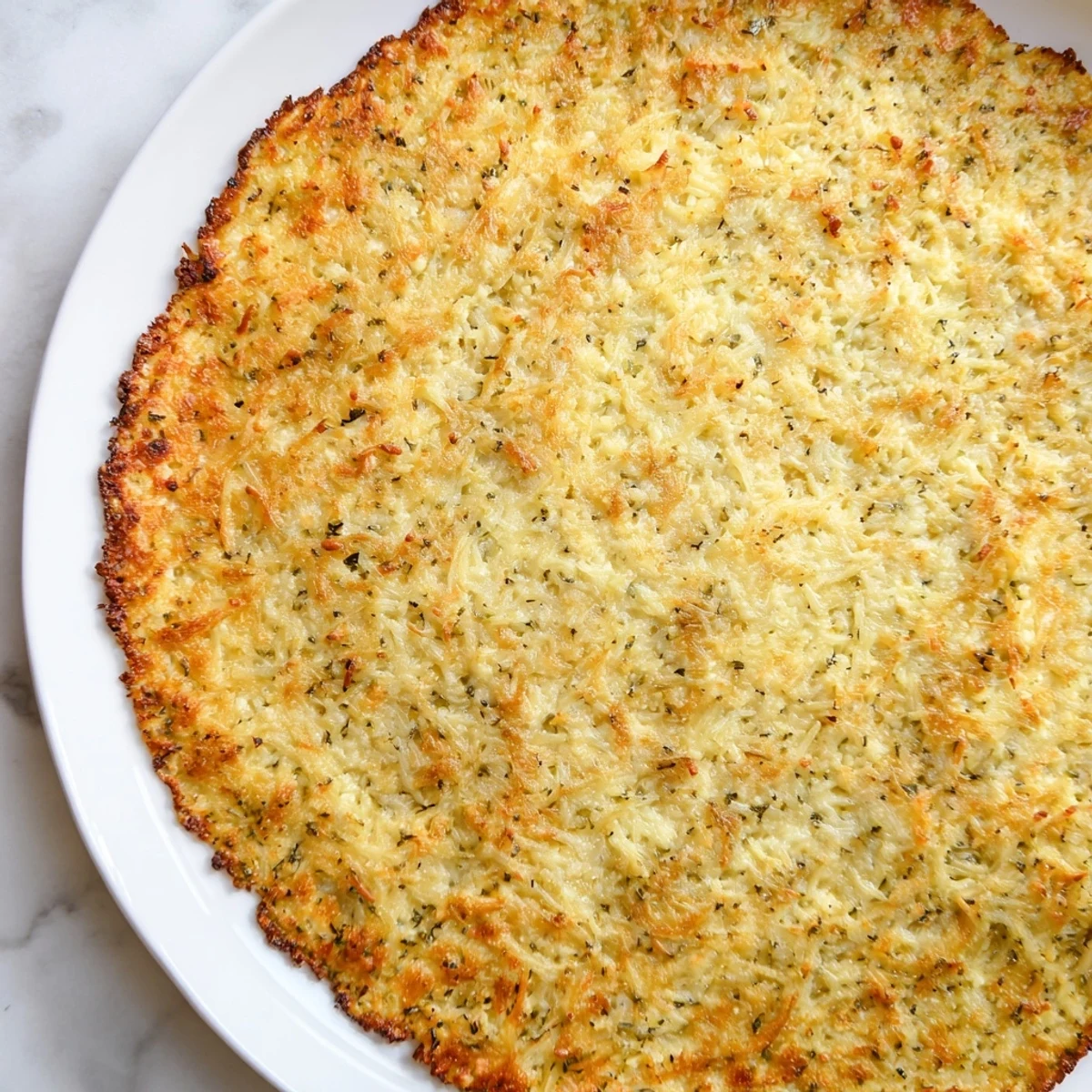 Golden-brown cauliflower pizza crust, ready for toppings, promising a flavorful low-carb meal.