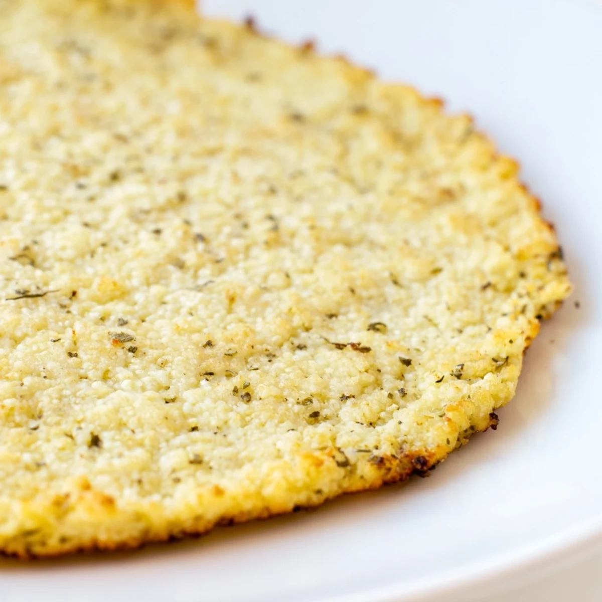 A crispy, oven-baked cauliflower pizza crust, still warm, perfect for your favorite pizza toppings.