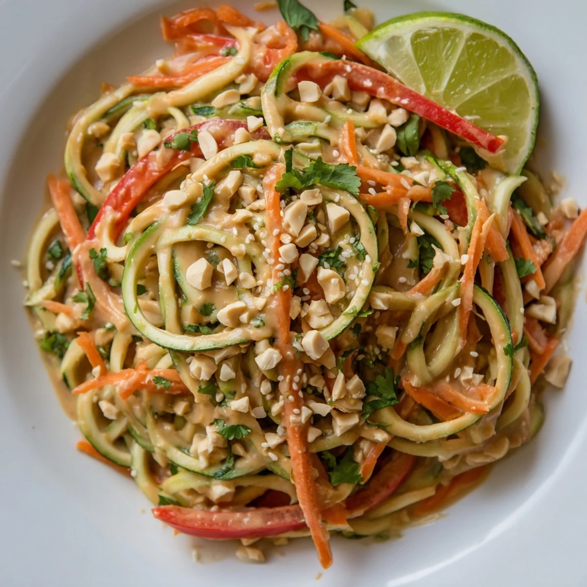 Fresh, vibrant Zesty Peanut Zucchini Noodles salad with colorful veggies and a creamy peanut dressing.