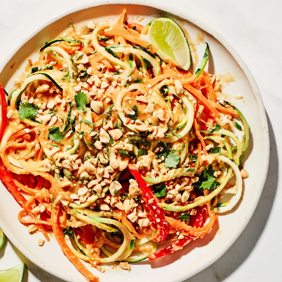 A bowl of Zesty Peanut Zucchini Noodles, a healthy, cold dish with fresh cilantro and lime wedges.