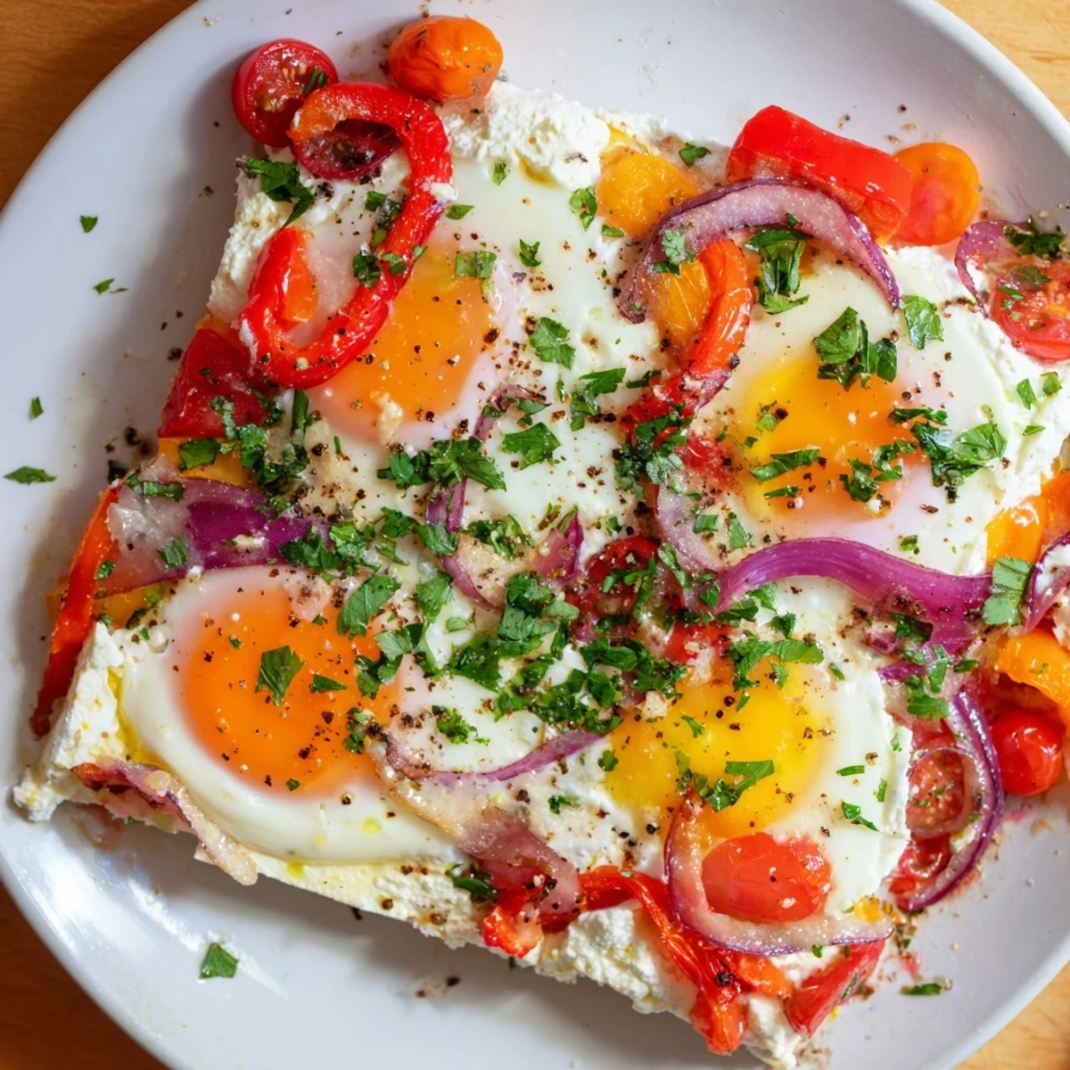 Mediterranean Baked Feta & Eggs sizzling in the oven, with bubbly tomato sauce and golden yolks.