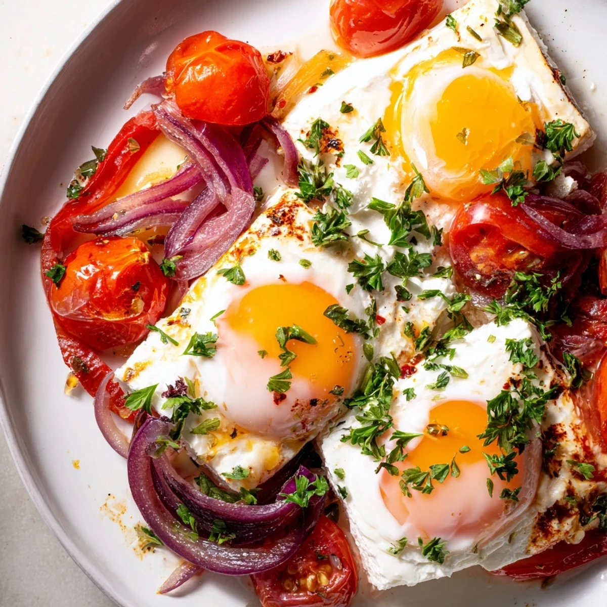 Golden-topped Mediterranean Baked Feta & Eggs, served with fresh parsley and crusty bread.