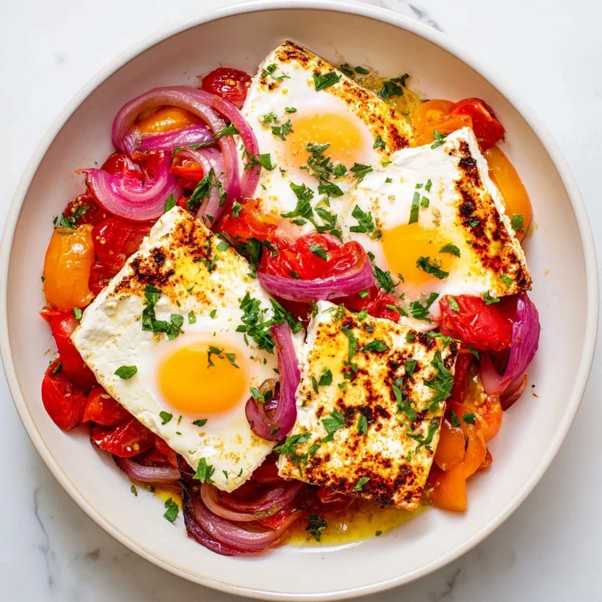 Close-up of a flavorful Mediterranean Baked Feta & Eggs bake, showcasing creamy feta and bright tomatoes.