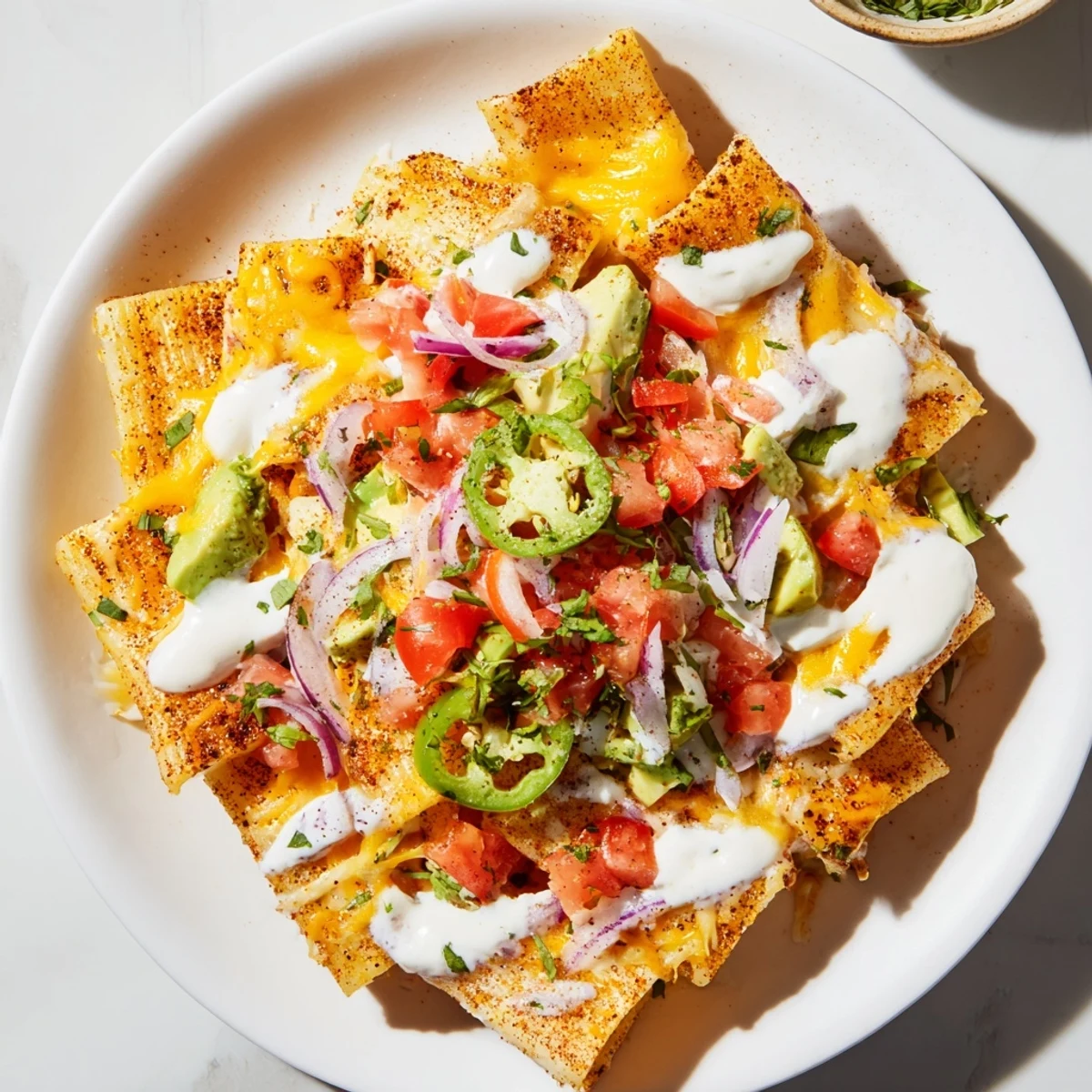 Pasta Chips Nachos: A cheesy, golden baked appetizer loaded with fresh toppings and zesty sauce.