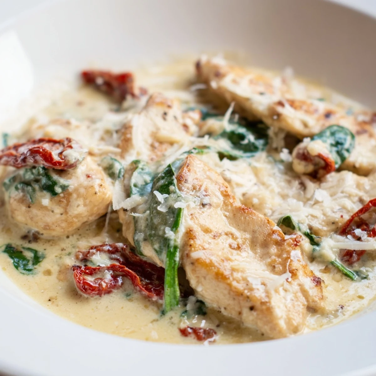 Enjoy savory Creamy Tuscan Chicken: succulent chicken breasts bathed in a creamy Parmesan and garlic sauce.