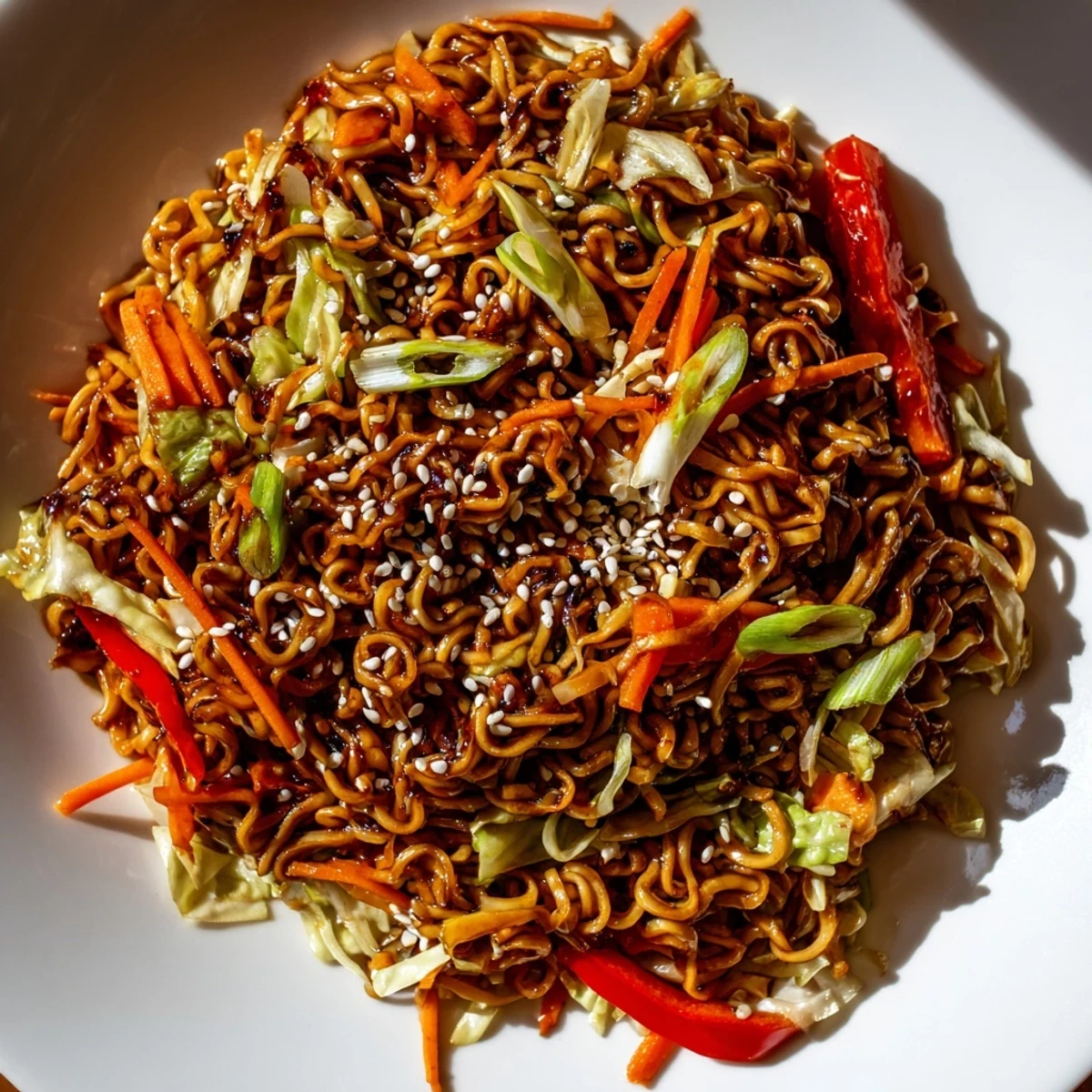Steaming Spicy Ramen Stir Fry with vibrant veggies and a rich, savory sauce in a wok.
