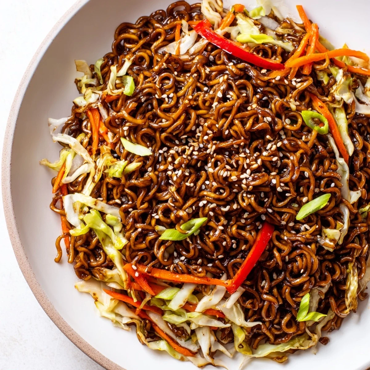 A delicious bowl of Spicy Ramen Stir Fry featuring glossy noodles and a sprinkle of sesame seeds.