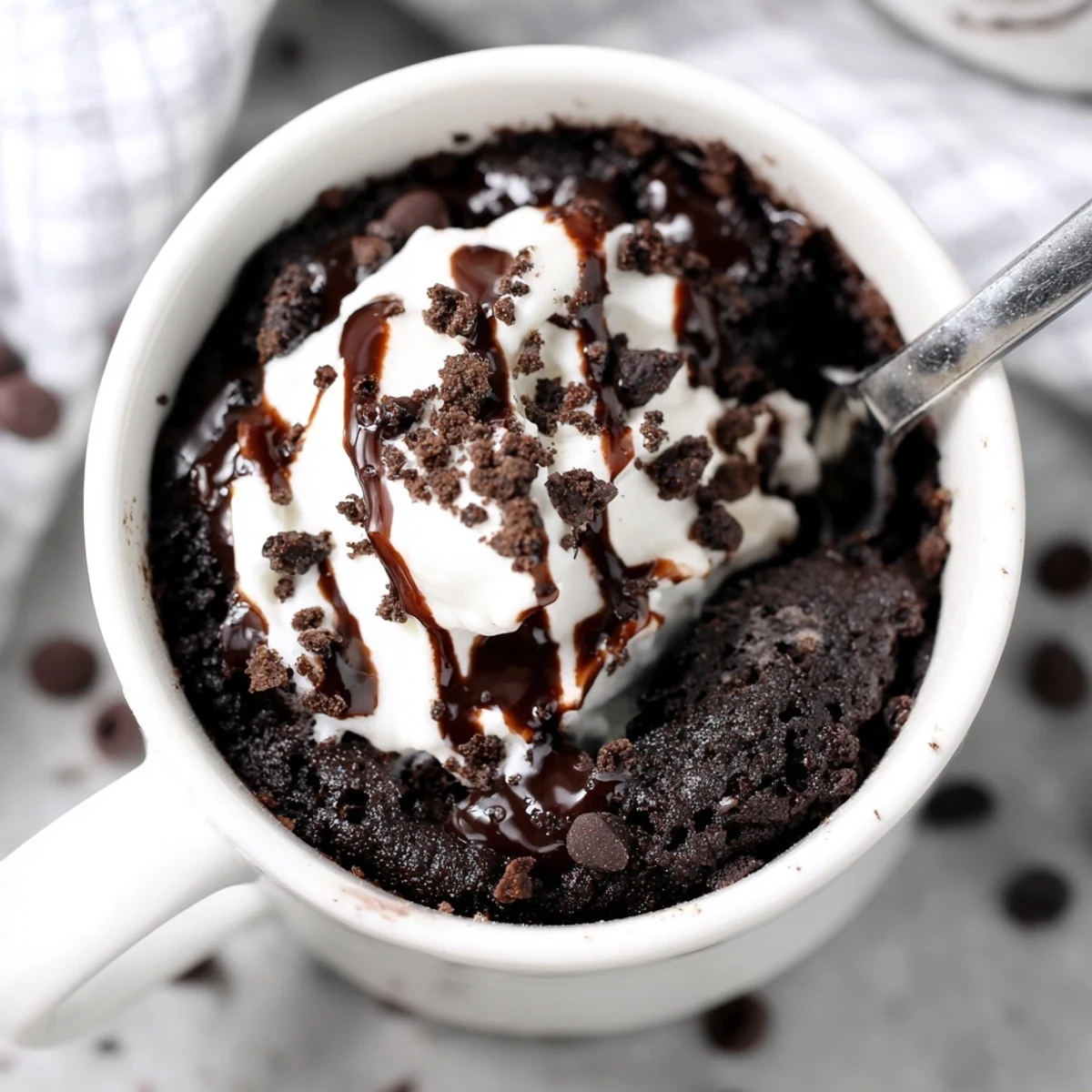 Warm, freshly made Oreo Mug Cake, perfect for a quick and satisfying dessert craving.