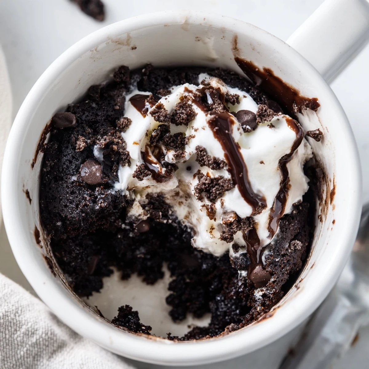 A steaming mug of Oreo Mug Cake, with optional chocolate chips, enticingly ready to eat.