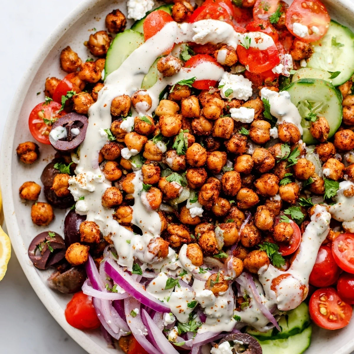 Enjoy a flavorful Mediterranean Chickpea Bowl—a healthy meal, filled with textured roasted chickpeas and fresh flavors.