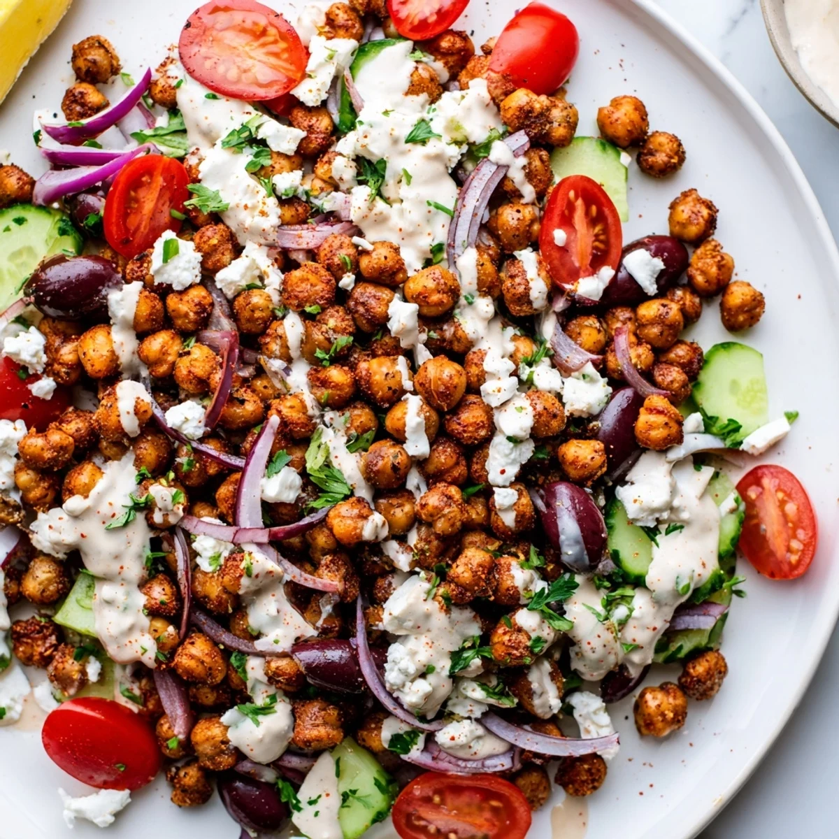 Mediterranean Chickpea Bowl bursting with color: roasted chickpeas, fresh veggies, and creamy tahini dressing.