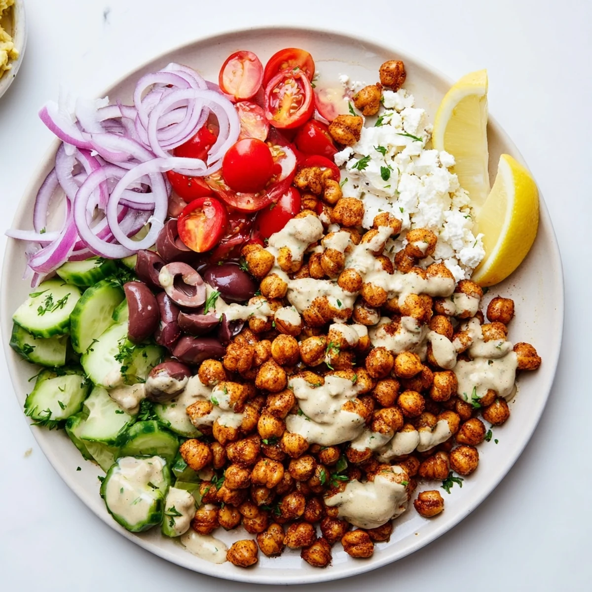 Vibrant Mediterranean Chickpea Bowl featuring golden chickpeas, juicy tomatoes, and a drizzle of tahini sauce.