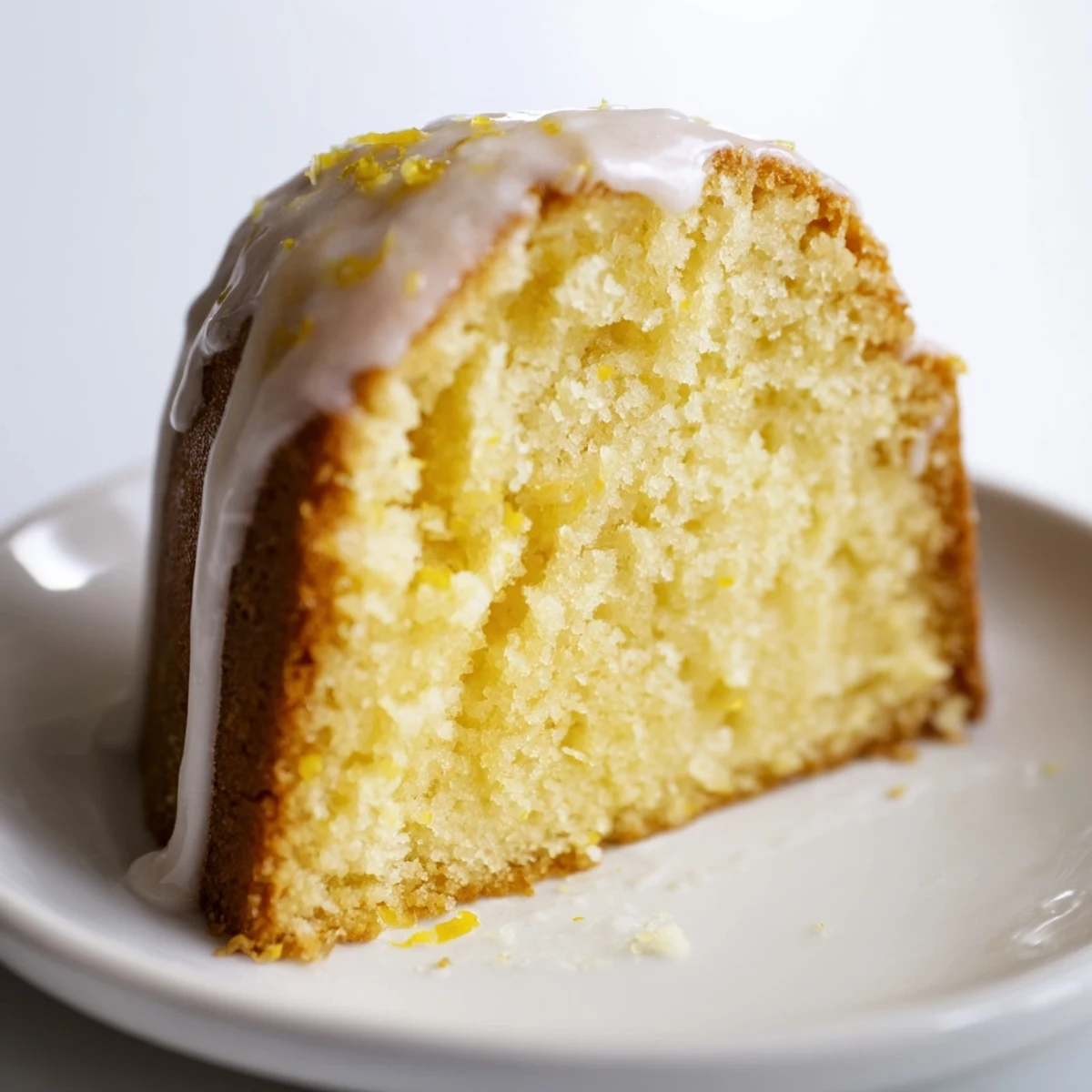 A golden slice of Lemon Yogurt Cake, showing a moist interior with a bright lemon aroma.