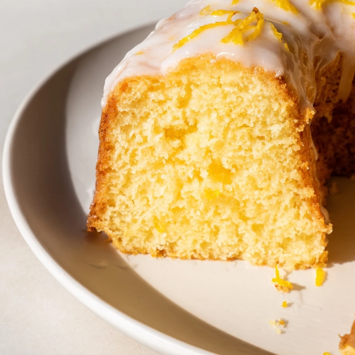 Homemade Lemon Yogurt Cake, served on a white plate with fresh berries, ready to enjoy.