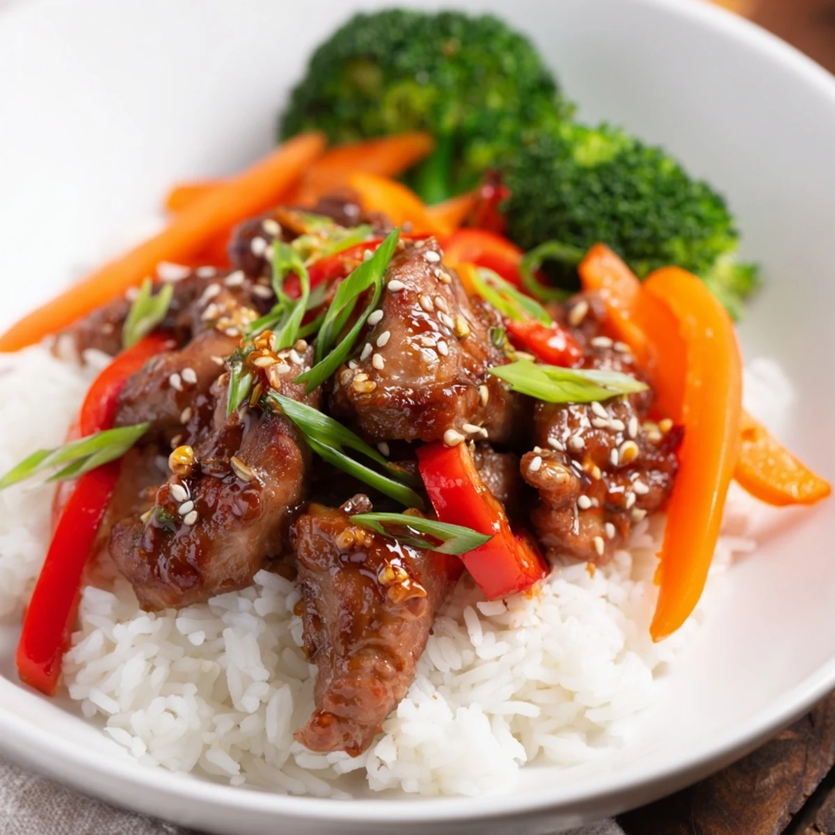 Golden-glazed teriyaki chicken atop fluffy rice and vibrant vegetables, a complete and delicious meal.