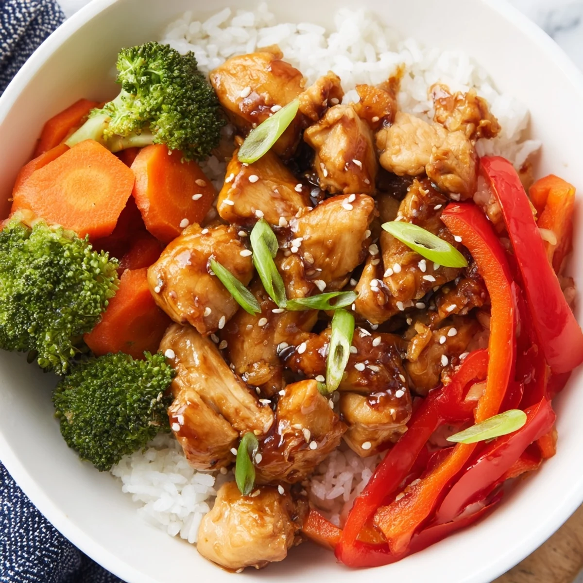 A close-up of steaming Teriyaki Chicken Rice, showcasing the glossy sauce coating each piece of chicken.