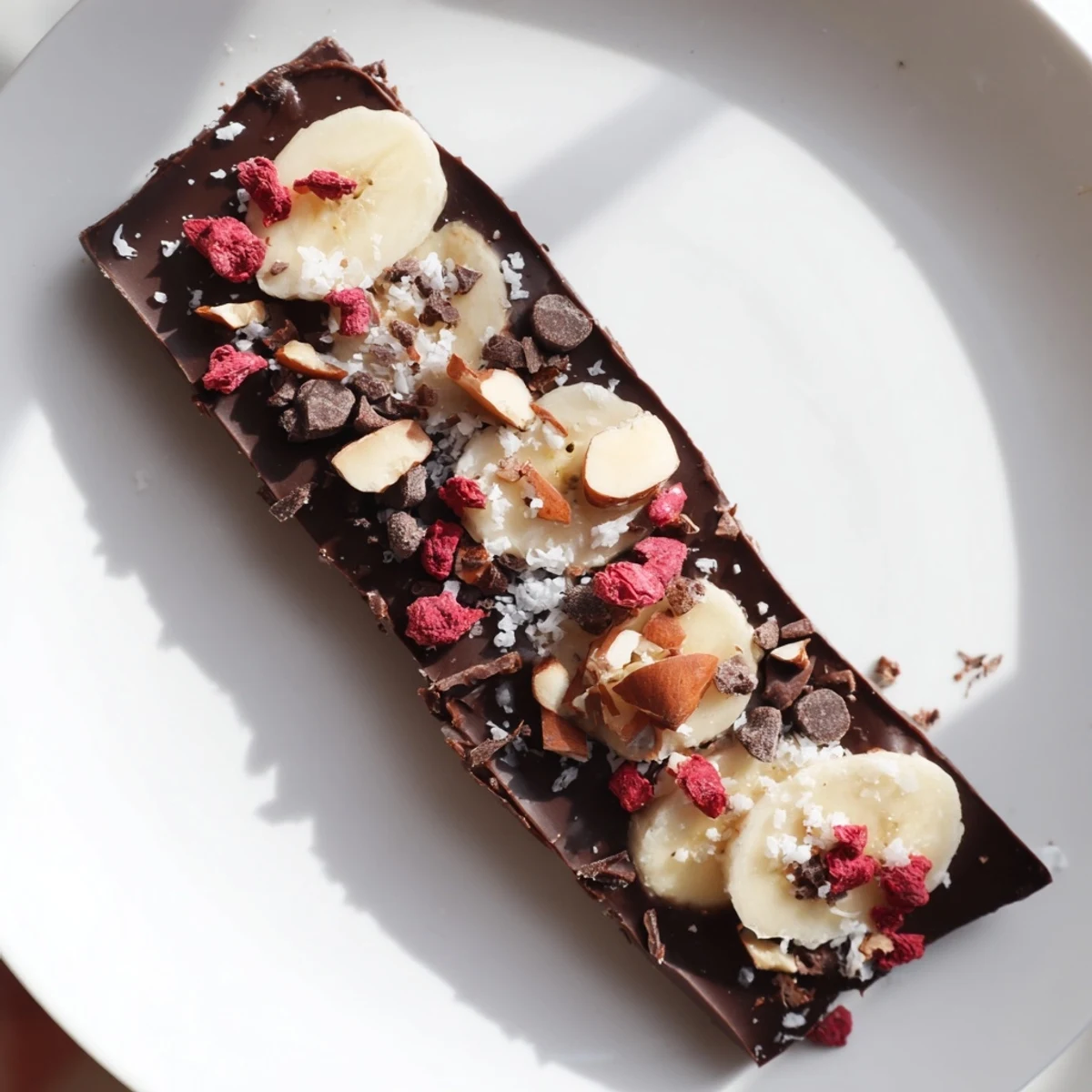 Rich, dark chocolate banana bark topped with almonds and berries, a refreshing frozen dessert.