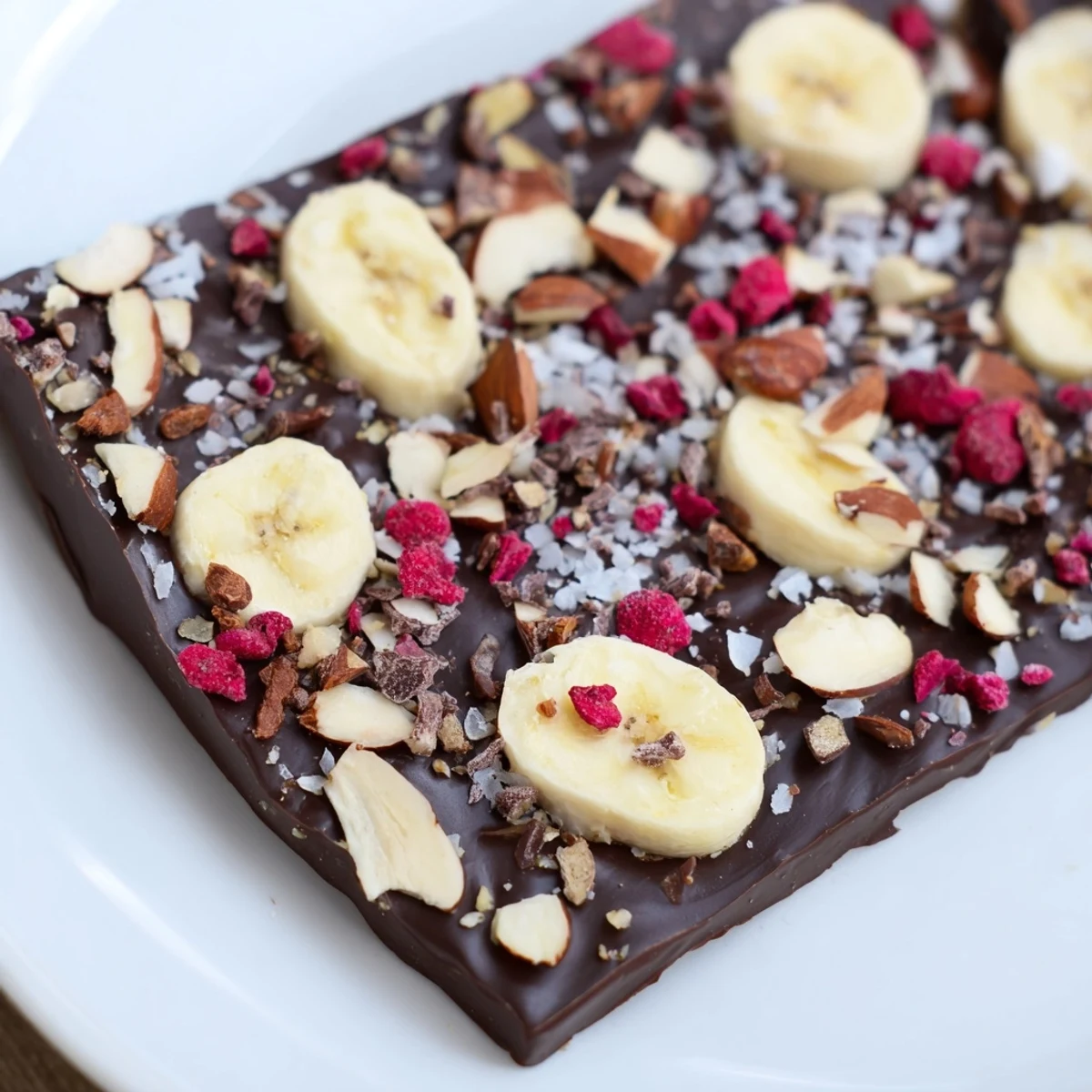 Frozen chocolate banana bark with toppings scattered ready to enjoy as a light, sweet treat.