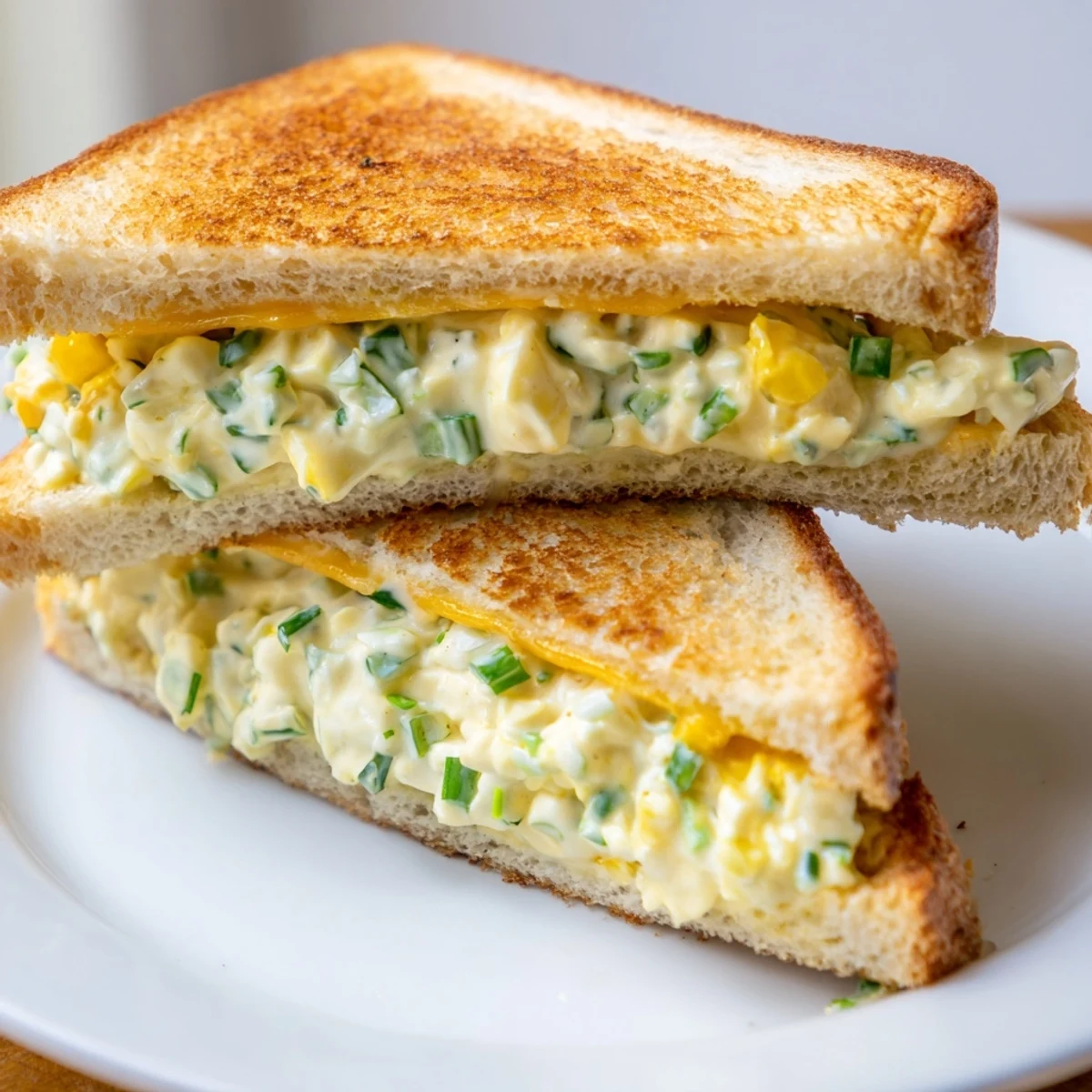 Golden, melty Egg Salad Grilled Cheese sandwich, served warm, ready for a satisfying lunch.