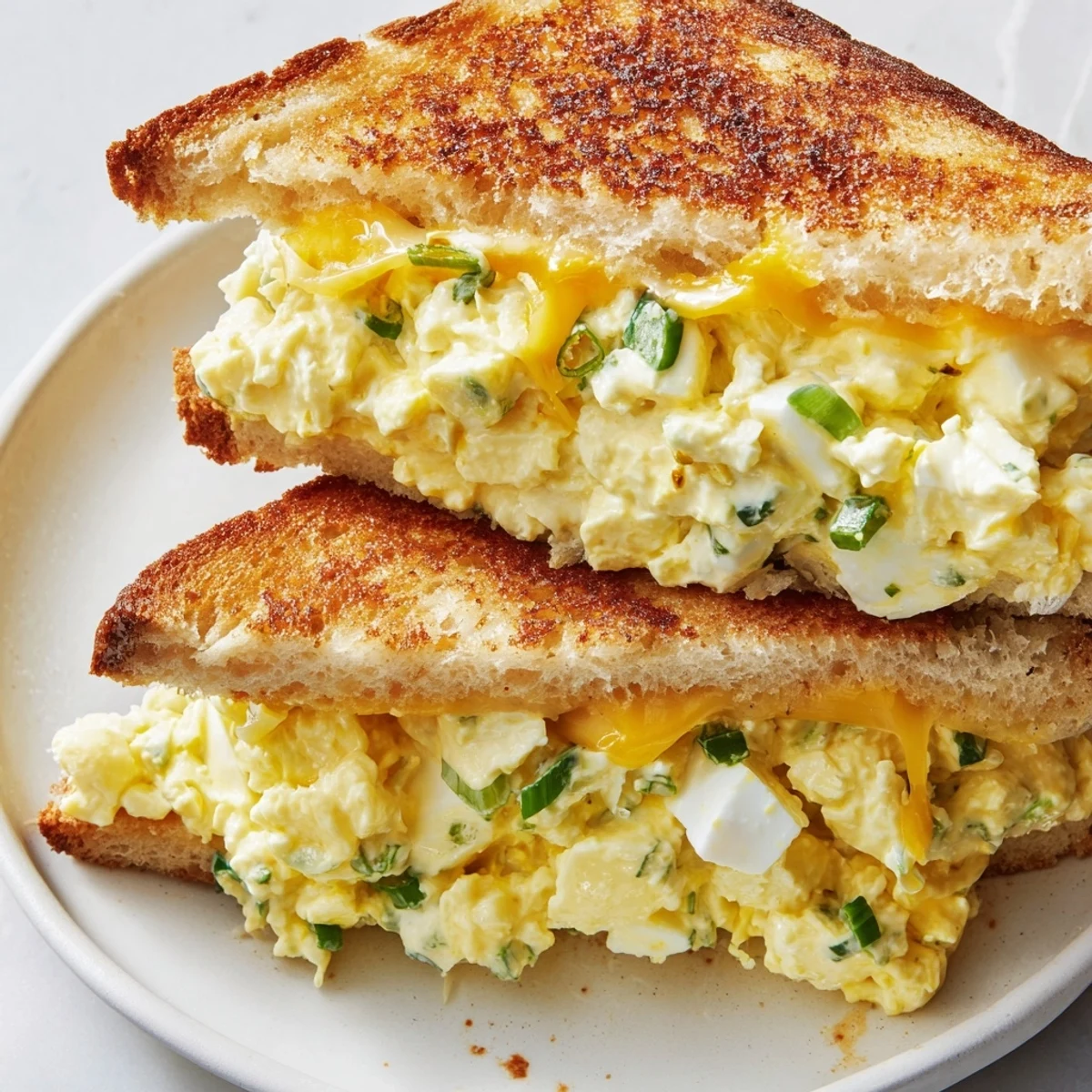 Buttery, crispy, and cheesy: a close-up of this delicious Egg Salad Grilled Cheese sandwich.