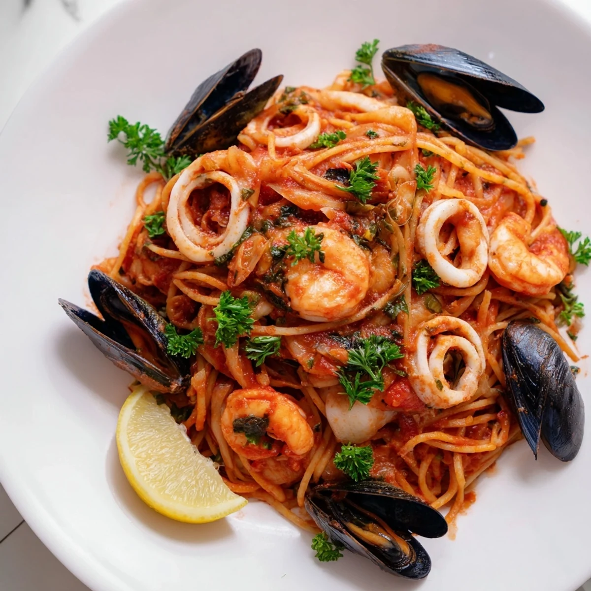 Enjoy delicious Seafood Marinara Pasta with plump shrimp, mussels, and a savory tomato sauce.