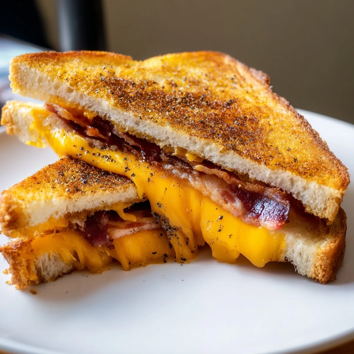 Crispy Bacon Cheddar Grilled Cheese slices, golden brown and oozing melty cheese, ready to enjoy.