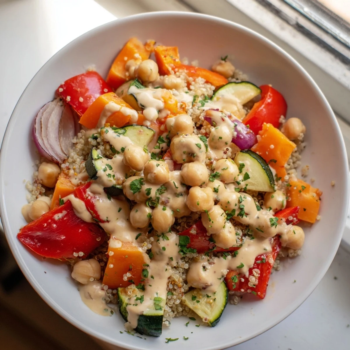 Freshly made Quinoa Power Salad with chickpeas, offering a symphony of textures and flavors on a plate.