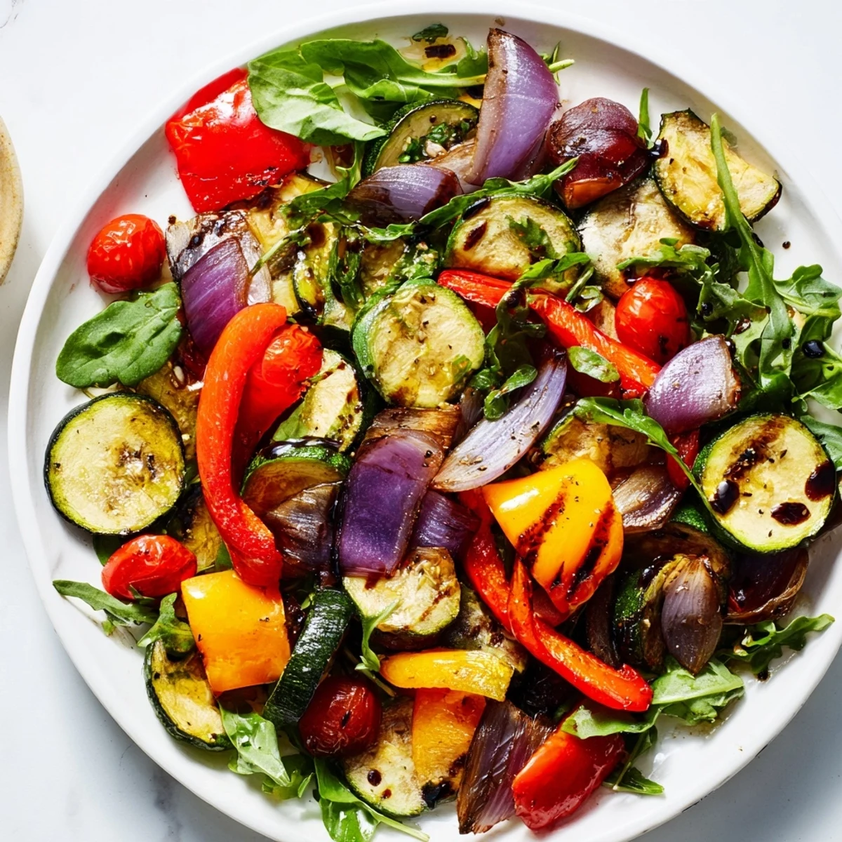 Warm, flavorful Roasted Vegetable Salad atop fresh greens, drizzled with tangy balsamic dressing.