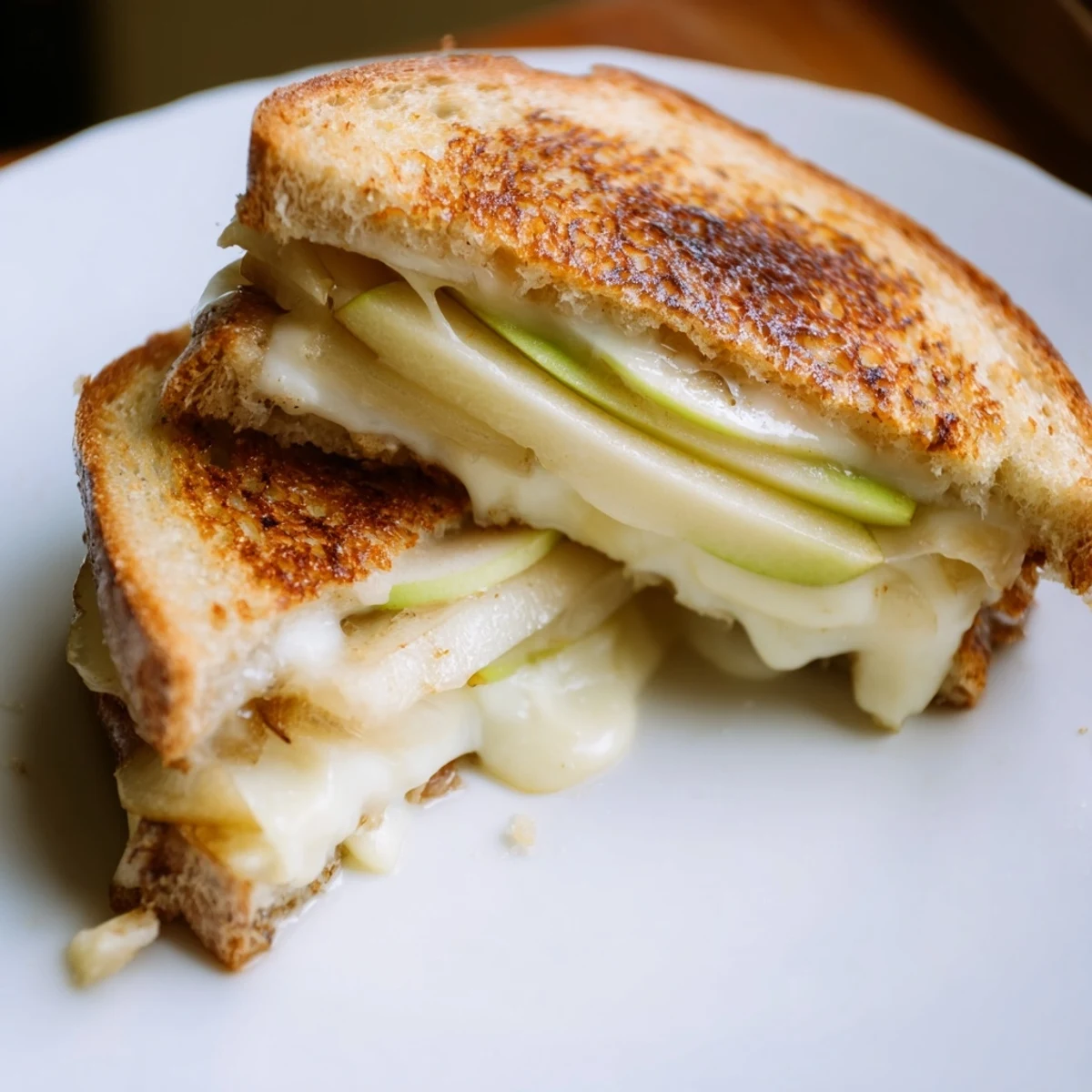 Warm and comforting Brie and apple grilled cheese, oozing cheese, on toasted sourdough.