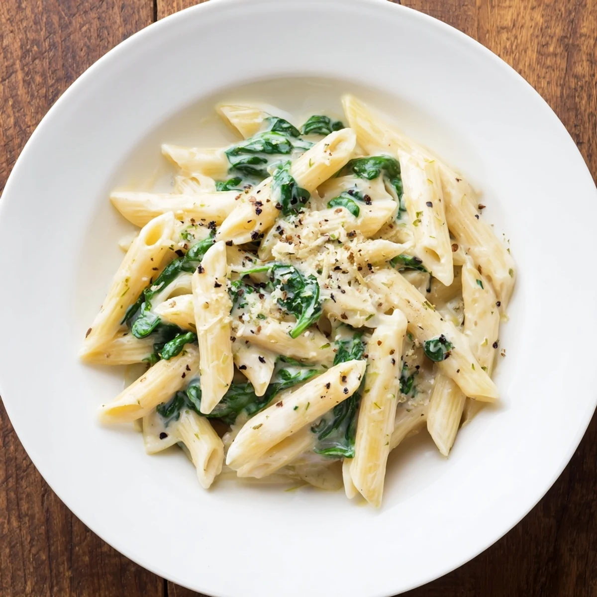Creamy spinach pasta glistening with a rich cream sauce, perfectly garnished and ready to serve.