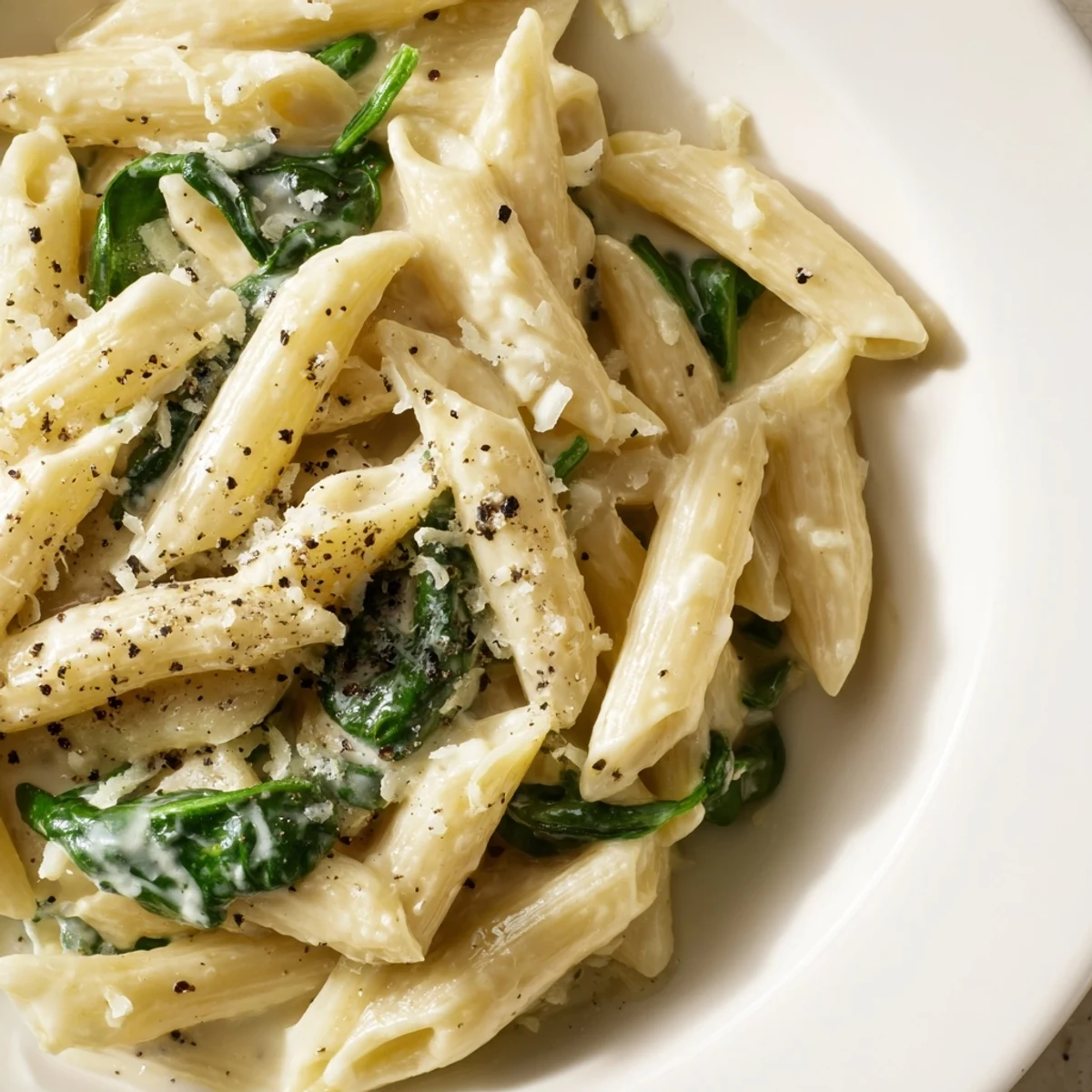 A warm bowl of creamy spinach pasta, highlighting tender spinach in a sumptuous, comforting meal.