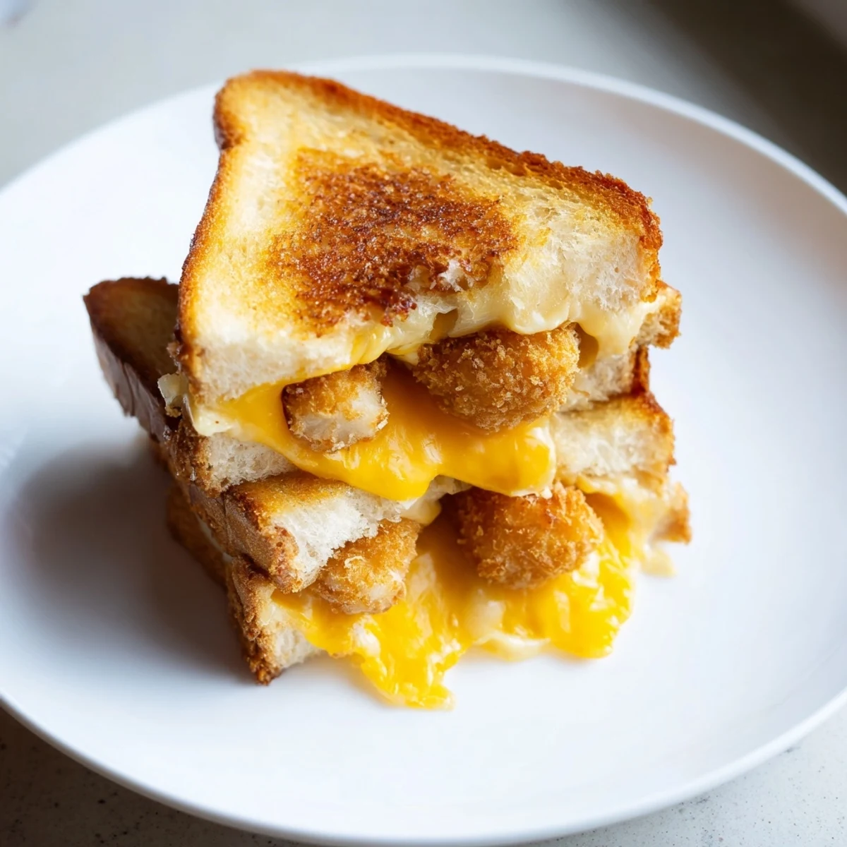 Crispy chicken nugget grilled cheese with melty cheese oozing from golden-brown bread.
