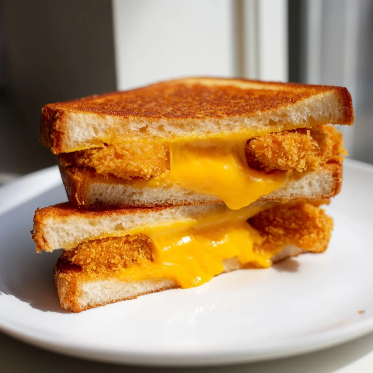 Golden grilled Chicken Nugget Grilled Cheese sandwich, promising a comforting, cheesy bite.