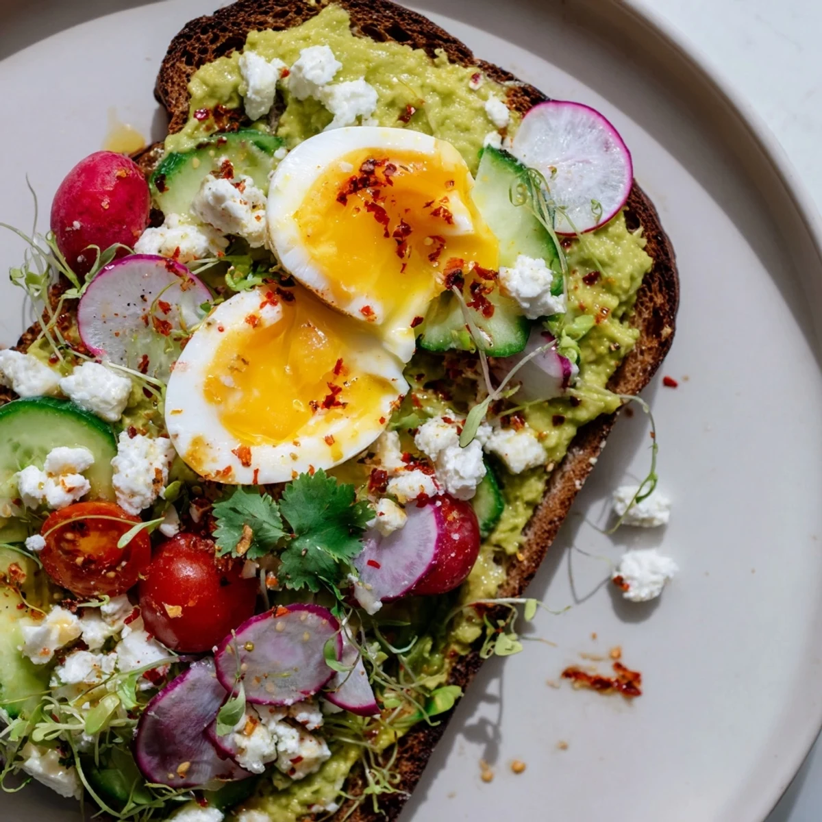 Freshly made loaded avocado toast, a vibrant breakfast featuring tomatoes and herbs.