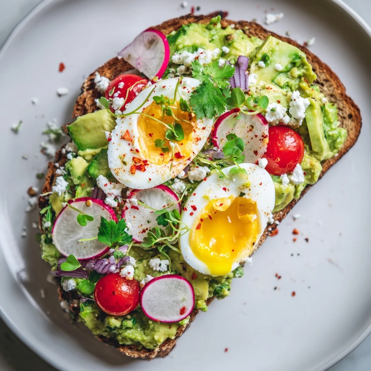 Creamy avocado toast, loaded with colorful veggies, feta, and a perfectly cooked egg.