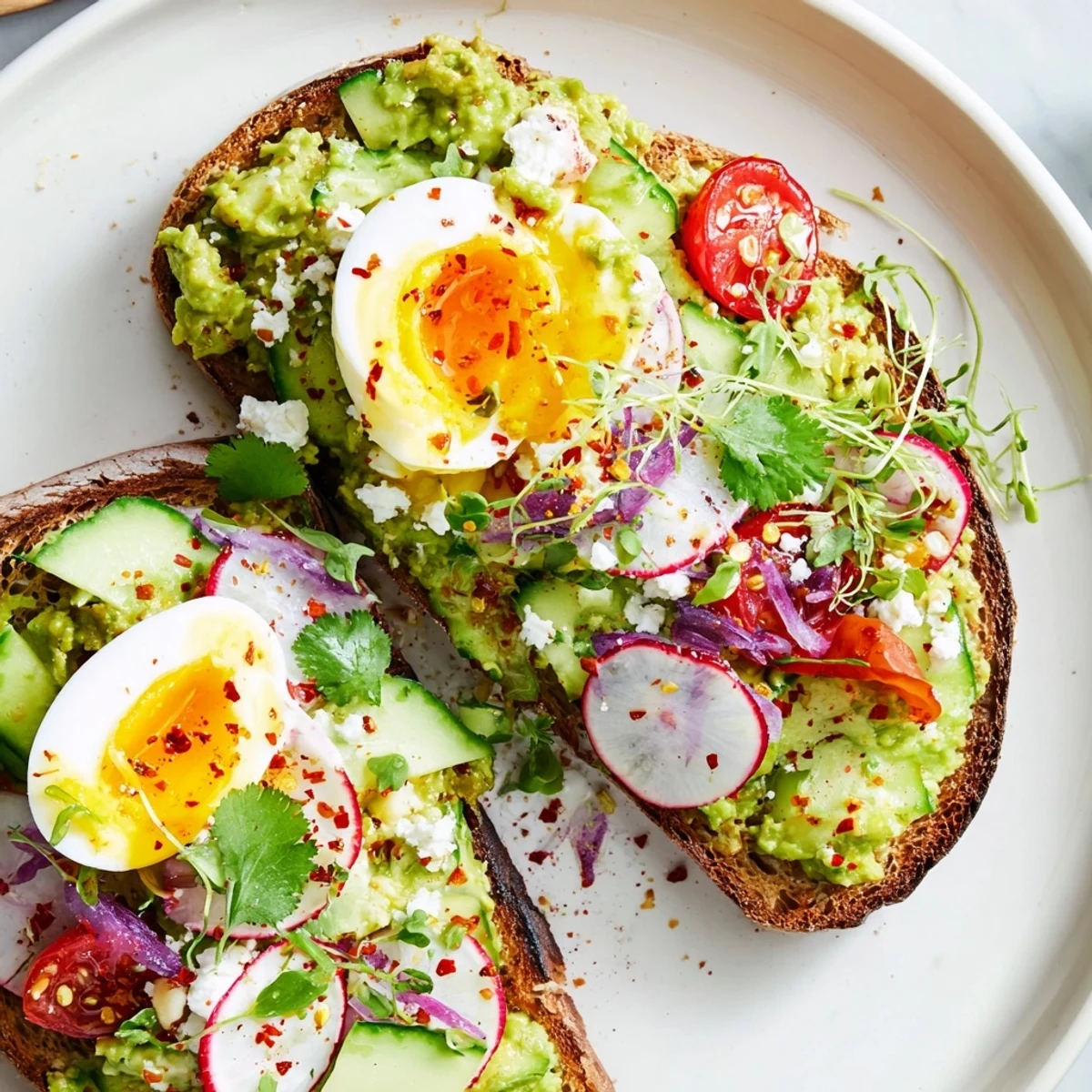 Enjoy delicious loaded avocado toast with a perfectly runny yolk and fresh garnishes.