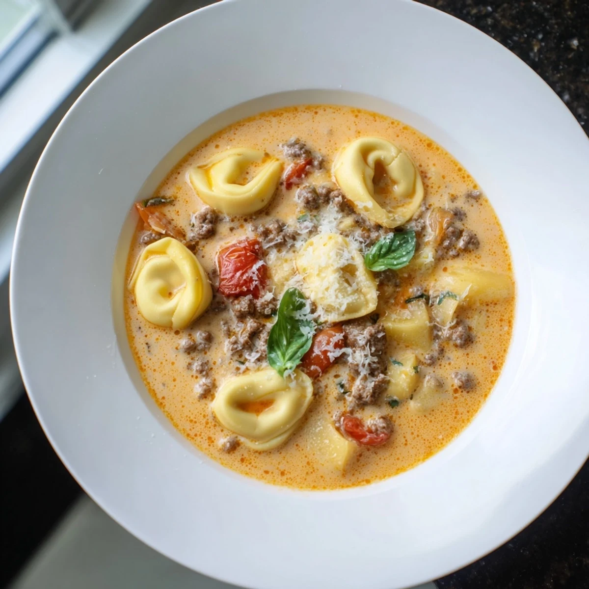 Steaming Tortellini Beef Soup, rich with ground beef, shown with Parmesan cheese and fresh basil garnish.