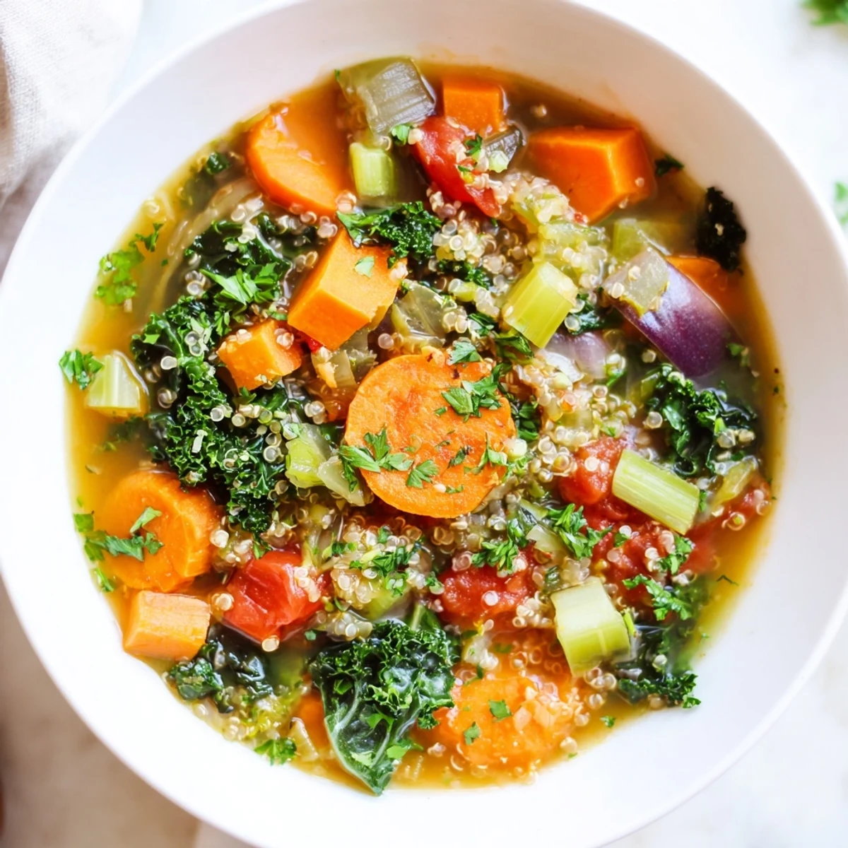 A steaming bowl of Nourishing Winter Veggie Soup, perfect comfort food on a cold, winter evening.