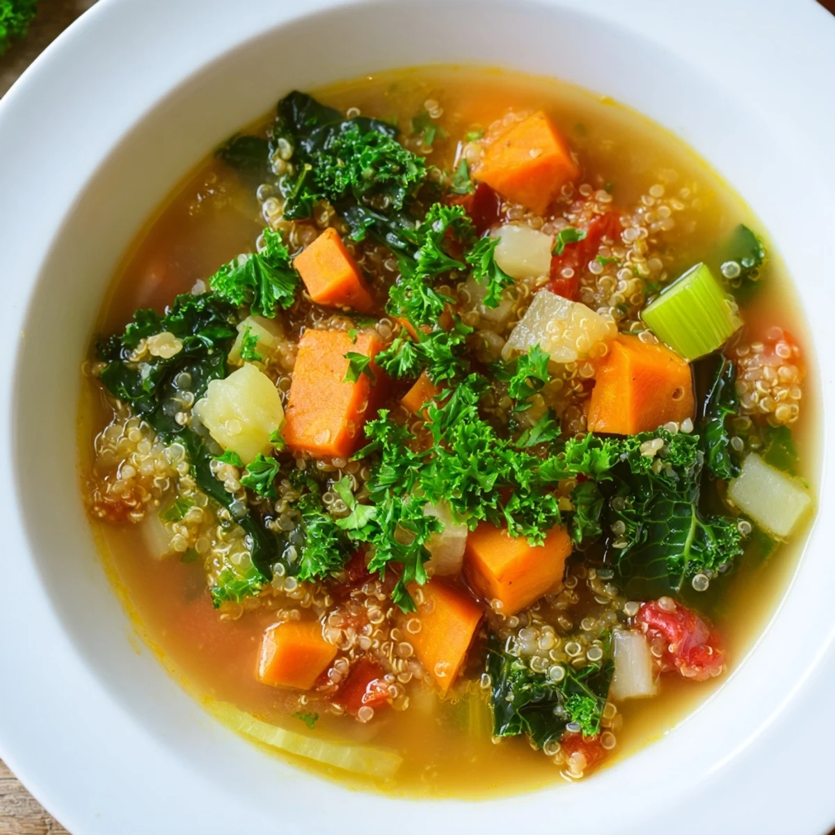 Hearty Nourishing Winter Veggie Soup, filled with colorful vegetables and seasoned with herbs, ready to serve.